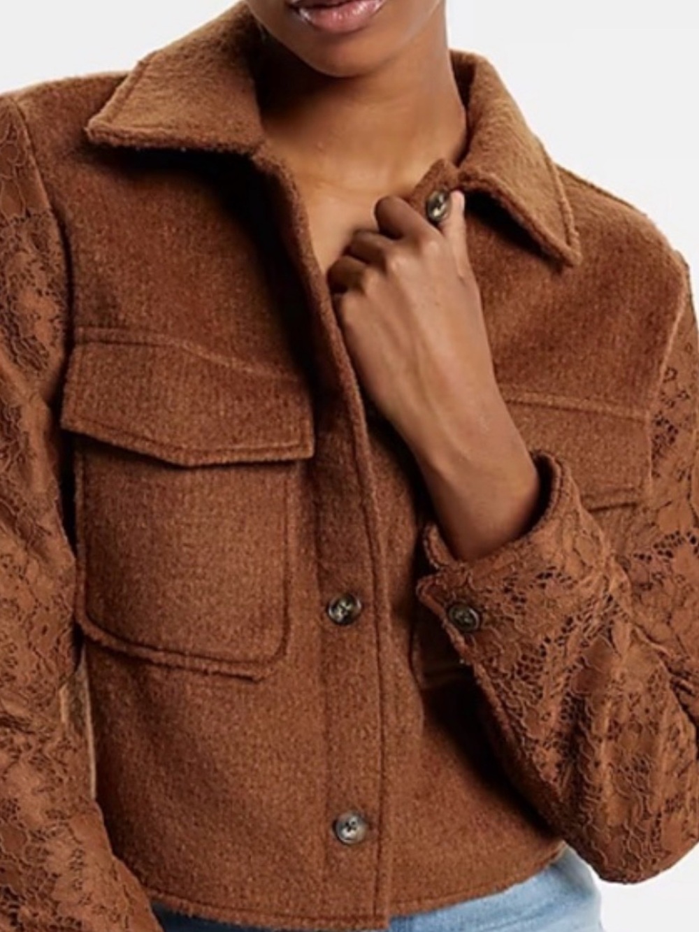 Express - Chic Brown Woven Lace-Sleeve Cropped Jacket NWT -Date  night ready L